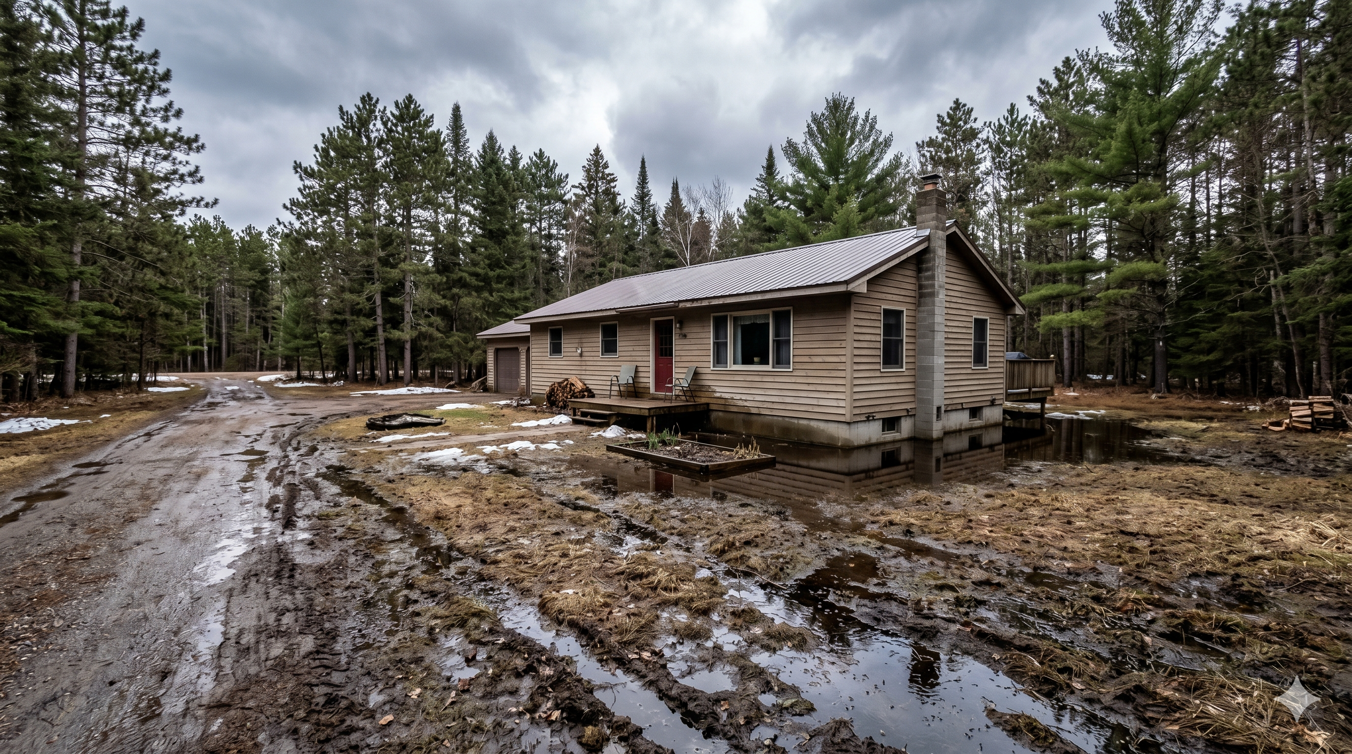 Water pooling near a home foundation after spring thaw in northern Michigan